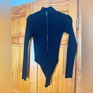 Good American Black Ribbed Long-Sleeve Zip-Front Kids One-Piece